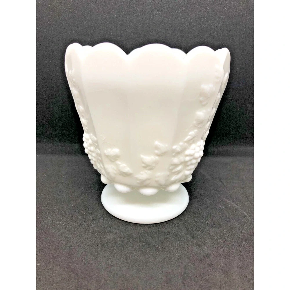 Westmoreland White Milk Glass Paneled Grapevine Vase Planter Flower Pot MCM